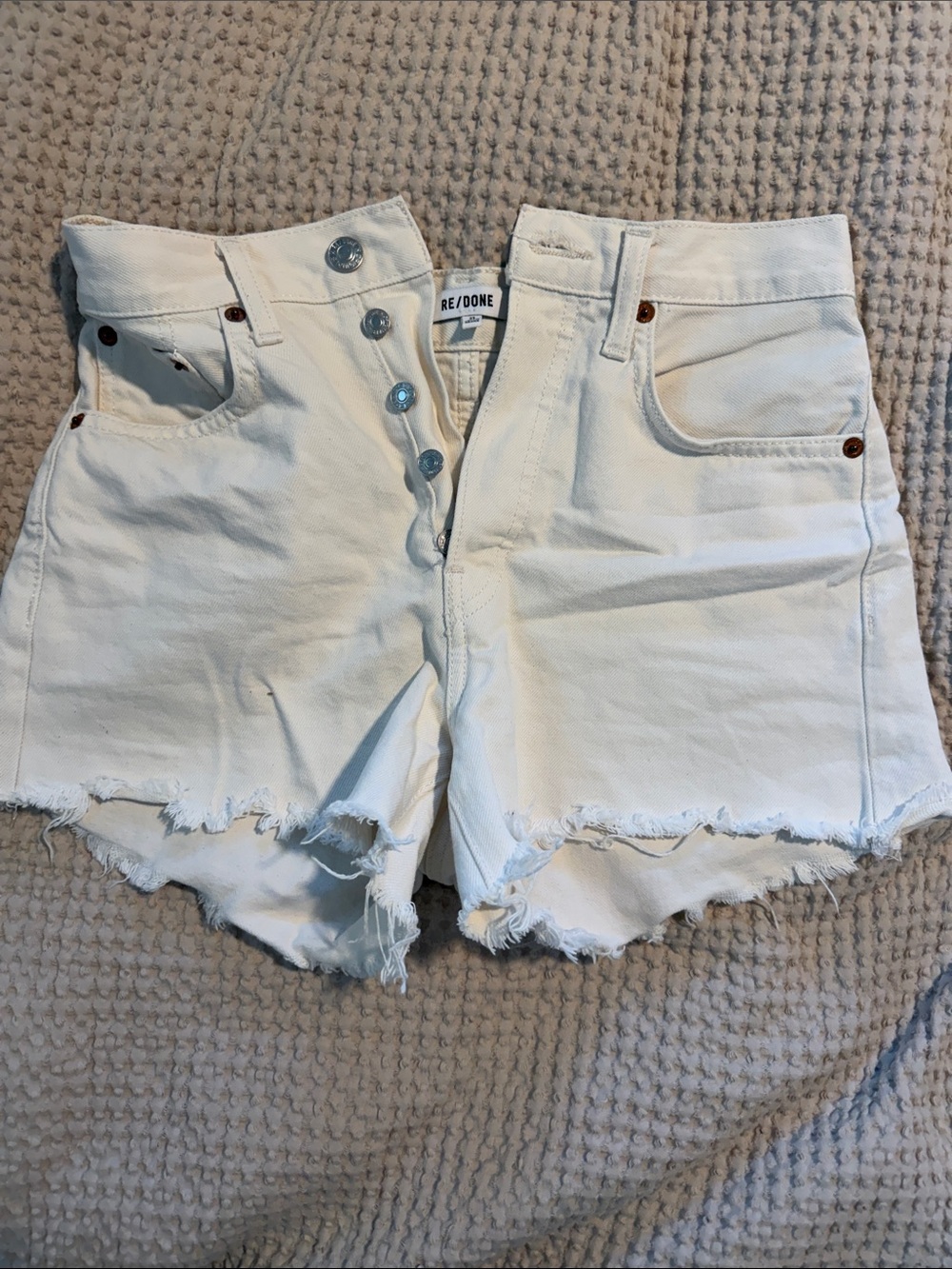 Re/Done White Frayed High-Rise Denim Shorts